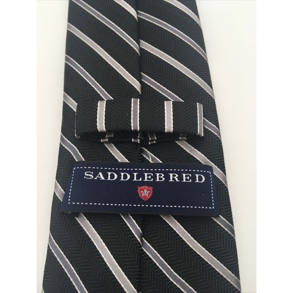SADDLEBRED Men's Tie Silk polyester blend black with silver stripes classic - Picture 1 of 6